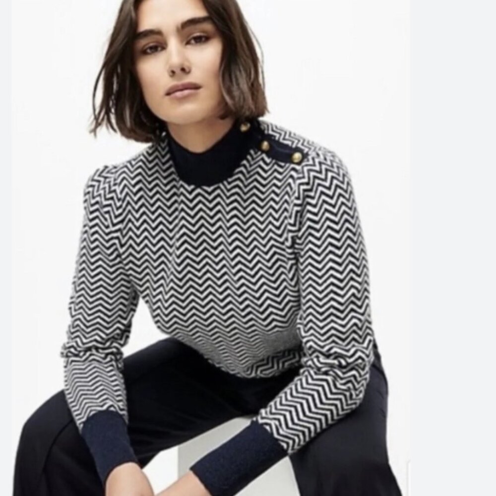 J.CREW Sweater Women Medium Blue Herringbone Brass Button Alpaca Pullover AC138